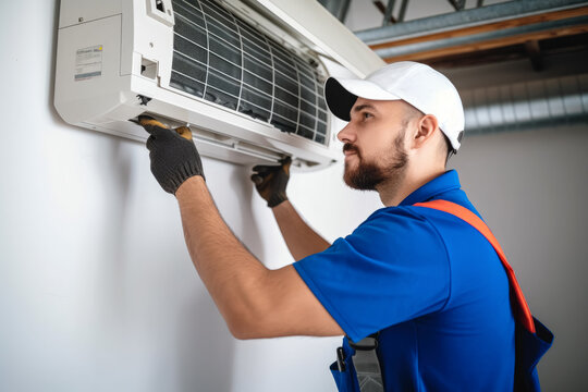 HVAC technician installing a mini split air conditioner in Covina