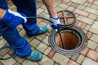 Plumber cleaning an outdoor sewer drain in Covina