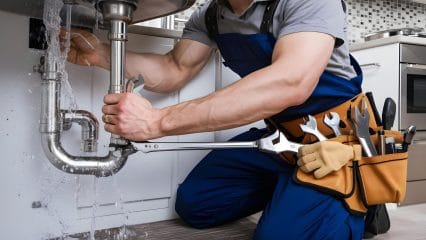 Plumber repairing pipes beneath a sink in Covina